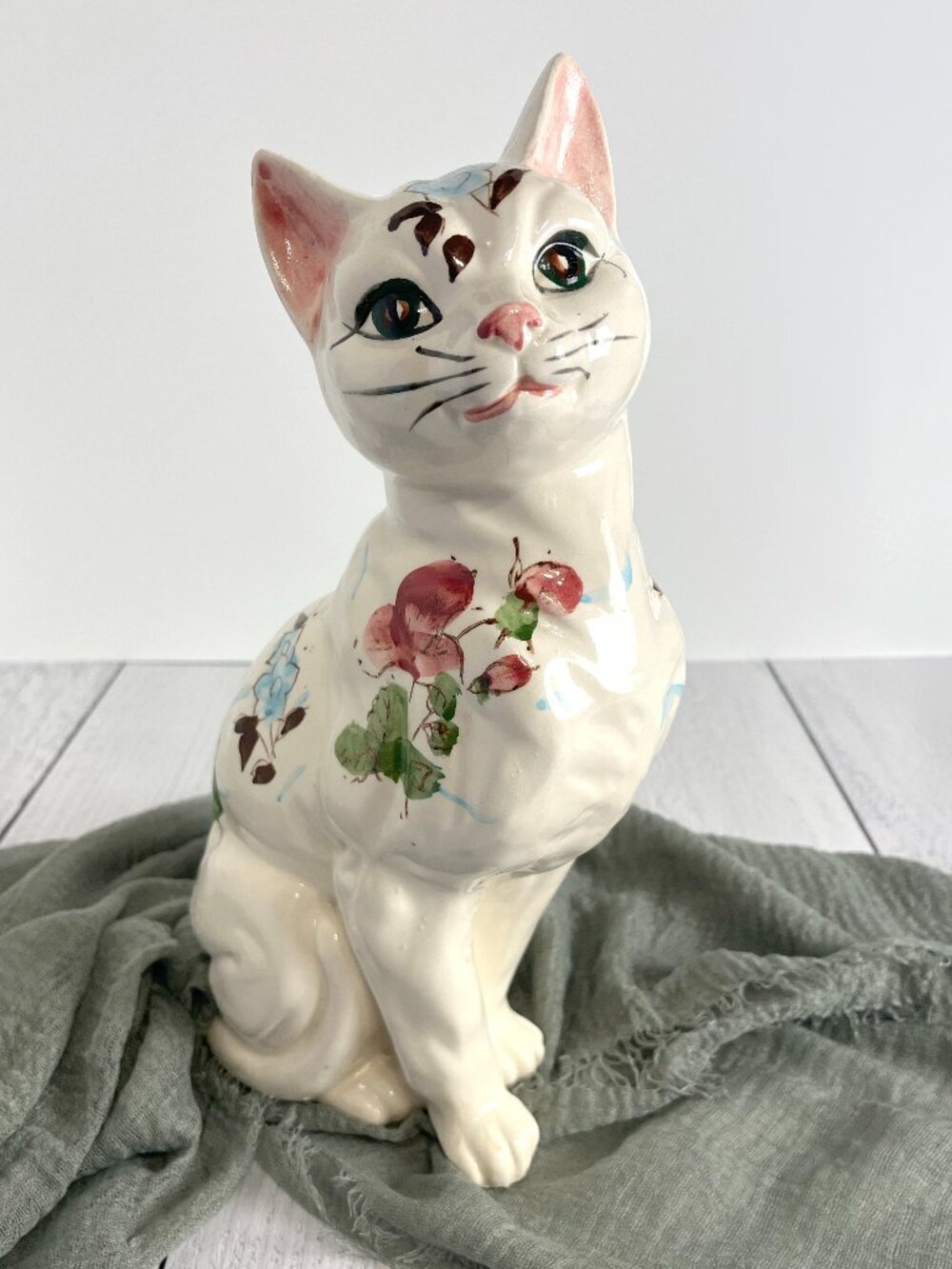Vintage 1960s Made in Japan Ceramic Floral Cat Figurine 12” MCM